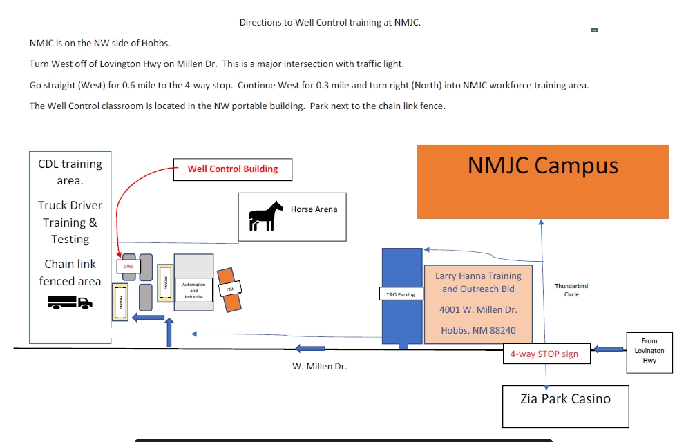 Directions to Well Control training at NMJC
